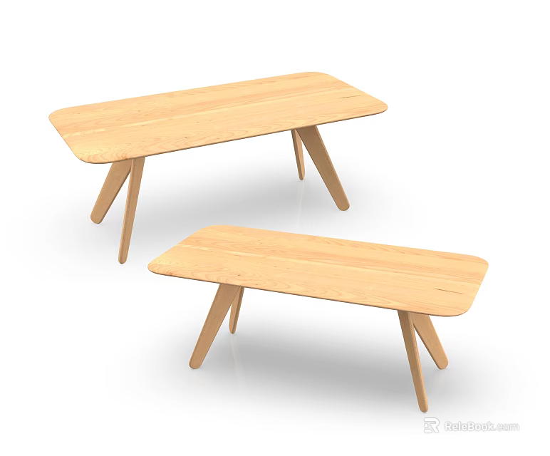 Two Light Wooden Long Dining Tables With Slender Legs In Simple Minimalist Design 3d model 