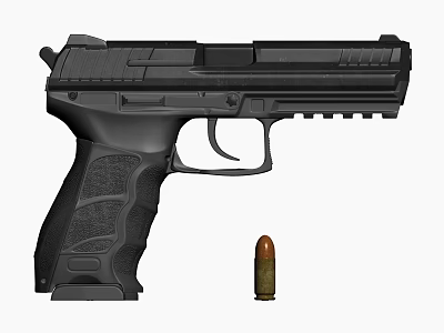 Black Tactical Pistol With Textured Grip And Single Bullet 3d model