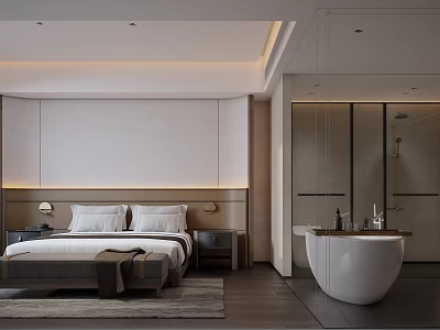Serene Modern Hotel Guest Room Interior With Comfortable Bed Nightstands Soft Lighting And Freestanding Bathtub 3d model