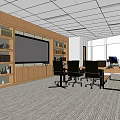 Modern Office Interior With Wooden Bookshelves Large Screen TV Desk Chairs And Potted Plants