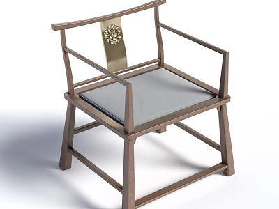 Chinese Style Wooden Leisure Chair With Decorative Backrest And Gray Cushion 3d model