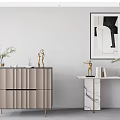 Modern Elegant Console Table With Marble Top Gold Legs Sculptures Vases Books And Abstract Painting