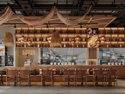 Cozy Homestyle Restaurant Interior With Hanging Woven Decorations Clay Pots Warm Lighting And Open Kitchen 3d model