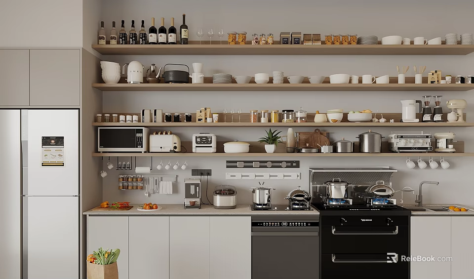 Complete Tableware Set in Modern Kitchen with Cabinets Shelves Bowls Plates and Cups 3d model 