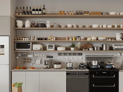 Complete Tableware Set in Modern Kitchen with Cabinets Shelves Bowls Plates and Cups 3d model