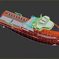 Red Marine Vessel Featuring Open Deck Upper Structure And Engineering Equipment Design 3d model