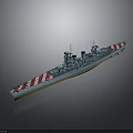 Detailed Warship Model Featuring Red and White Stripes on Bow and Stern with Blue Hull