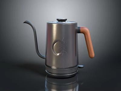 Stylish Electric Kettle With Silver Metal Body Wooden Handle And Long Spout Design 3d model