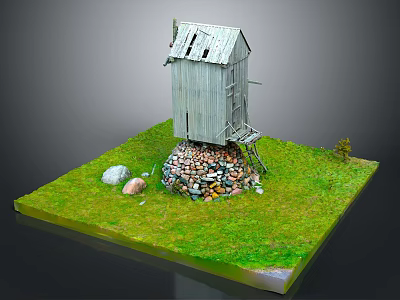 Miniature Scene with Gray Wooden Cabin Stone Base Ladder Green Grass and Small Tree 3d model