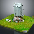 Miniature Scene with Gray Wooden Cabin Stone Base Ladder Green Grass and Small Tree