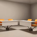 Modern Conference Table And Chair Set Featuring White Surface And Orange Seats