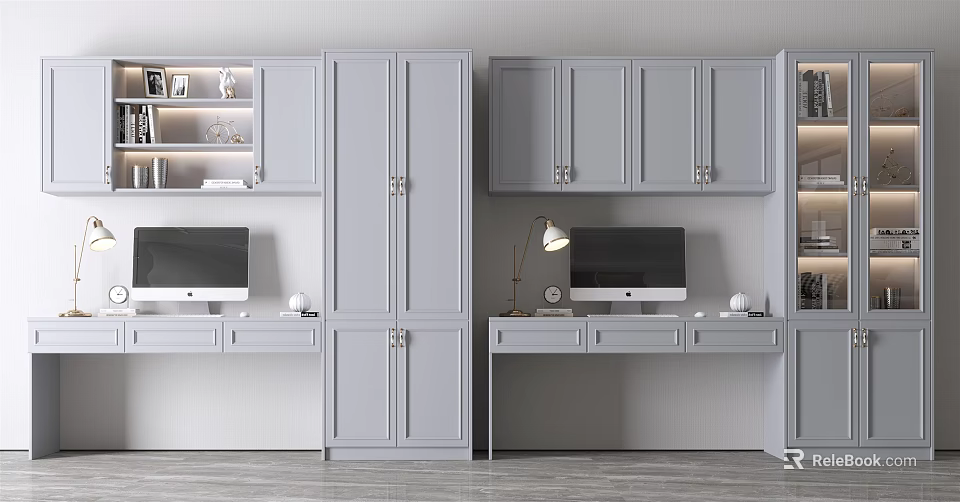 Modern Home Office Desk With Dual Monitors Gray Cabinets And Bookshelves 3d model 
