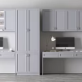 Modern Home Office Desk With Dual Monitors Gray Cabinets And Bookshelves