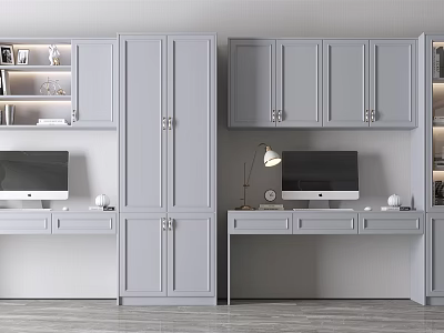 Modern Home Office Desk With Dual Monitors Gray Cabinets And Bookshelves 3d model