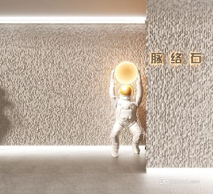 Modern Textured Veined Stone Wall Decor with Astronaut Holding Golden Sphere 3d model 