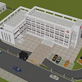 Aerial Planning of Modern Medical Building With Greenery Roads and Parking Area