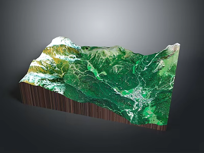 Realistic 3D Topographic Model Showcasing Green Mountain Landscape Wooden Base And Vegetation Details 3d model