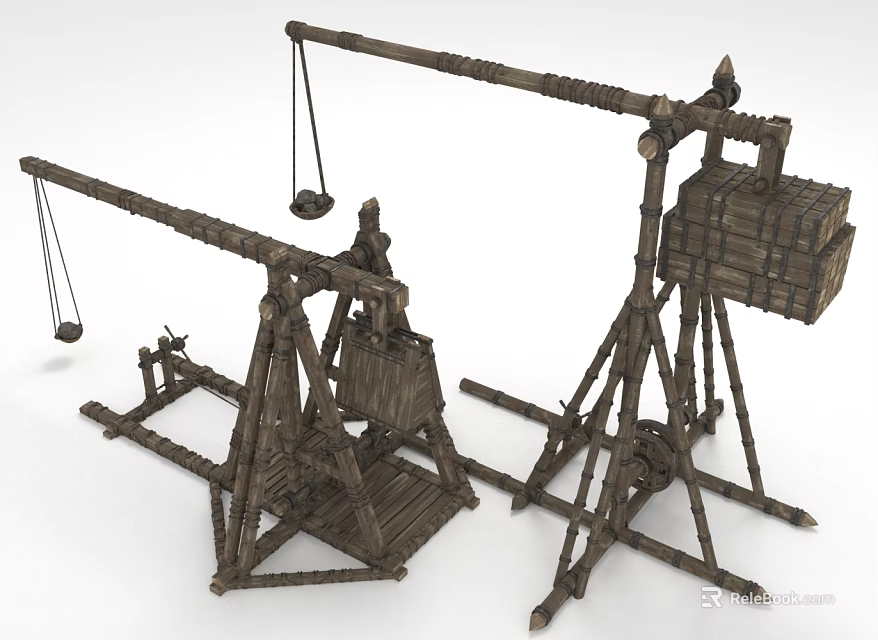 Ancient Wooden Mechanical Weapons With Siege Frame And Projectile Hanging Baskets 3d model 