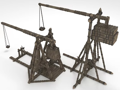 Ancient Wooden Mechanical Weapons With Siege Frame And Projectile Hanging Baskets 3d model