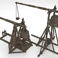 Ancient Wooden Mechanical Weapons With Siege Frame And Projectile Hanging Baskets