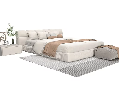 Light Colored Modern Double Bed With Bedside Table Vase Green Plant And Ottoman Rug 3d model