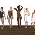 Group of women posing in swimsuits and towels against white wall with wooden floor