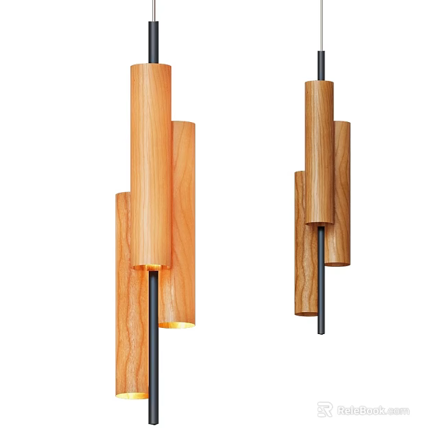 Modern Wooden Pendant Light With Multiple Cylindrical Shades And Metal Rod Design 3d model 