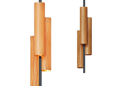 Modern Wooden Pendant Light With Multiple Cylindrical Shades And Metal Rod Design 3d model