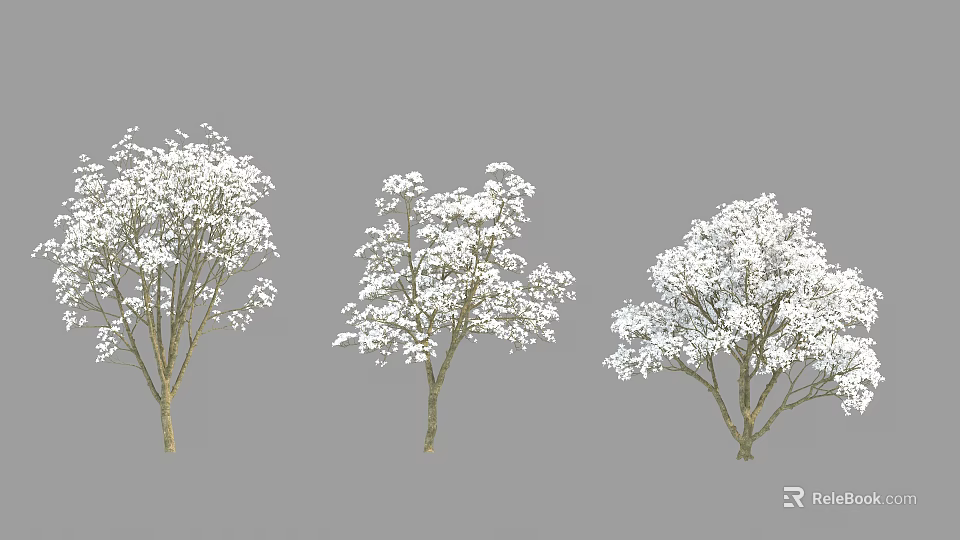 Three Snow Covered Trees Featuring Lush White Snowy Branches In Winter 3d model