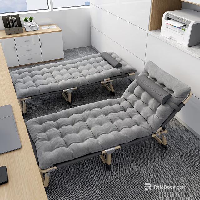 Gray Folding Beds In Office With Wooden Desk And White Cabinets 3d model 