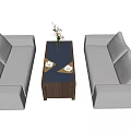 Gray Sofa And Coffee Table Set With Dark Table Vase And Plates 3d model