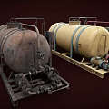 Industrial Storage Tanks With Red Blue Pipes Valves And Metal Frames