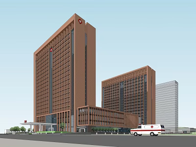 Modern Hospital Exterior Design With High Rise Medical Buildings And Ambulance 3d model