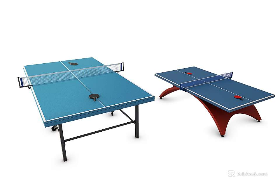 Sports Equipment Blue Table Tennis Tables With Black Frame Red Legs And Wheels 3d model 