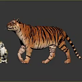 Realistic Orange Tiger and Small Brown Dog Standing Together on Reflective Black Floor