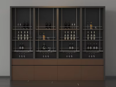Modern Wine Cabinet Design With Multiple Shelves Wine Bottles And Glassware Brown Drawers 3d model
