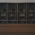Modern Wine Cabinet Design With Multiple Shelves Wine Bottles And Glassware Brown Drawers