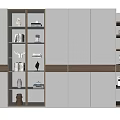 Modern Gray Bookcase With Glass Doors Layered Shelves And Decorative Ornaments