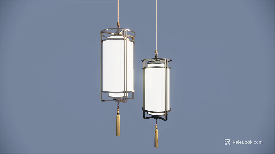 Chinese Style Two Chandeliers With Metal Frame White Lampshade And Tassel 3d model 
