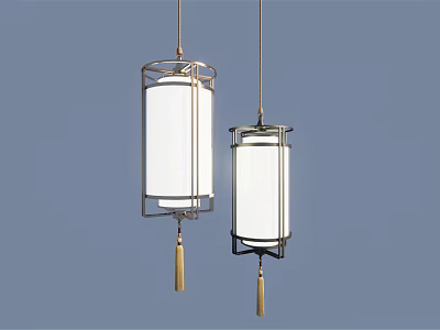 Chinese Style Two Chandeliers With Metal Frame White Lampshade And Tassel 3d model