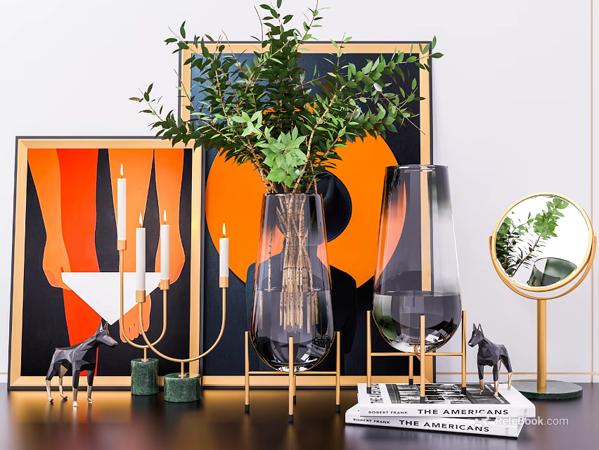 Glass Vase With Green Plants And Modern Decor Elements Including Painting Candle Holder And Mirror 3d model 
