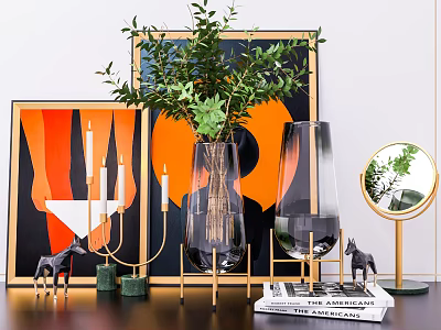 Glass Vase With Green Plants And Modern Decor Elements Including Painting Candle Holder And Mirror 3d model