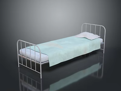 Single Metal Frame Bed With Light Green Sheet And White Pillow 3d model