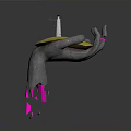 Gray Hand Supporting Yellow Circular Base With White Lighthouse Bird And Falling Pink Fragments