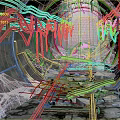 Cartoon Scene of Abandoned Tunnel Featuring Cobwebs Pipes Rail Tracks Debris and Light from Above