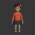 Cute Smiling Child With Brown Hair In Red Sweater Green Skirt And Red Shoes
