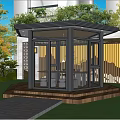 Modern Villa Balcony With Glass Enclosed Sunroom Design And Green Lawn Garden Pathway