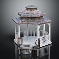 Outdoor Wooden Gazebo With White Columns Stone Fire Pit And Chairs In Yard Setting