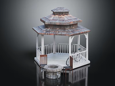 Outdoor Wooden Gazebo With White Columns Stone Fire Pit And Chairs In Yard Setting 3d model