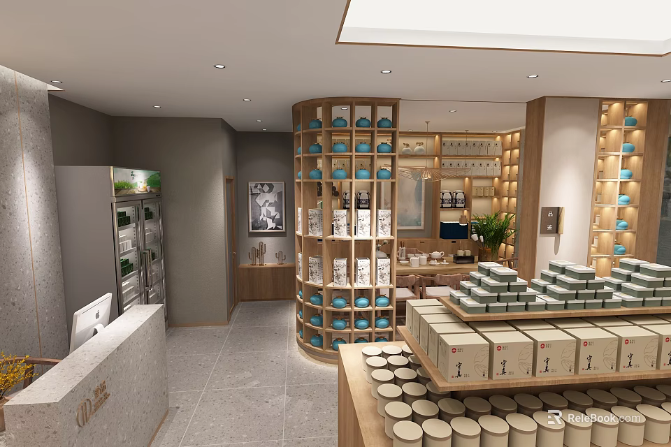 Neat Modern Specialty Store Interior With Round Shelves Cans Displays And Refrigerators 3d model 